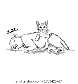 illustration of cat and dog with black and white color