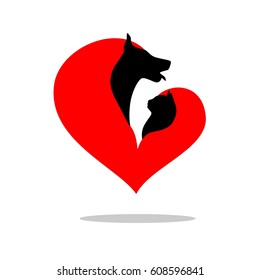 illustration of a cat and dog, decorated with heart shape.
