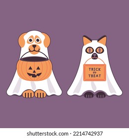 illustration of cat and dog ghosts, kitty and puppy in halloween costume, collecting candy