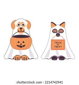 illustration cat   dog ghosts  kitty   puppy in halloween costume  collecting candy