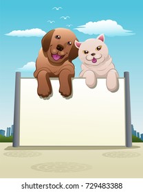illustration of a cat and dog happy showing paws over white banner