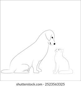 Illustration of a cat and dog looking at each other. Cute dog and cat looking at each other, petting online hand drawn vector objects. Cute pets in one line. Vector illustration.