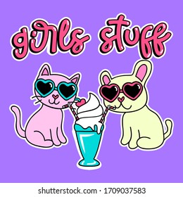 ILLUSTRATION OF A CAT AND A DOG WITH A MILK SHAKE, GIRL STUFF PINK TEXT, SLOGAN PRINT VECTOR