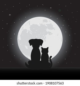 Illustration of a cat with a dog on a background of the night sky with stars and the moon