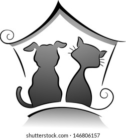 Illustration of Cat and Dog Shelter Silhouette in Black and White