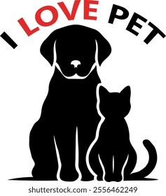 Illustration with a cat and a dog, silhouette style with the phrase I LOVE PET