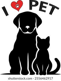 Illustration with a cat and a dog, silhouette style with the phrase I LOVE PET