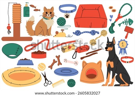 Illustration of a cat and dog surrounded by various pet supplies including beds, toys, leashes, collars, grooming tools, and food. Concept for pet care, home essentials for cats and dogs. Vector
