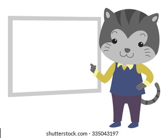 Illustration of a Cat Dressed as a Teacher Pointing to Something at the Board