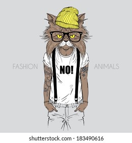 Ilustração de gato vestido com t-shirt com citação