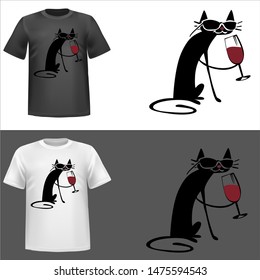 illustration of Cat drink wine, sticker,tshirt print, vector illustration