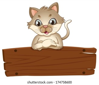 Illustration of a cat with an empty wooden board on a white background