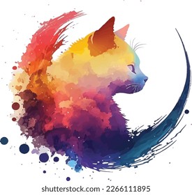 ilustración cat face con salpicaduras de colores, se puede usar para logotipo, diseño de camisetas, afiches, pancartas, saludos y diseño de impresión