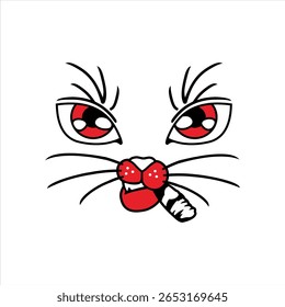 illustration of a cat face with red and cute lips on a white background