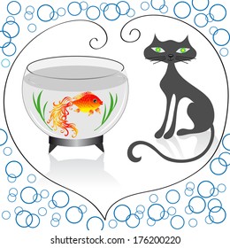 Illustration of cat at the fishbowl
