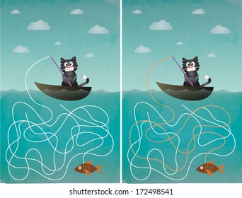 Illustration of cat fishing  (help the cat find his fish) Maze puzzle with solution, vector illustration