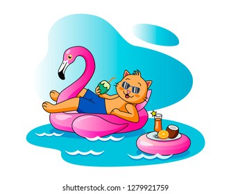 illustration of a cat floating on a mattress in the sea and drinking a cocktail