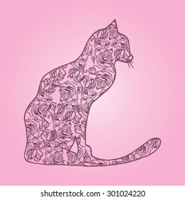 Illustration. Cat with flowers on pink background. Sketch.