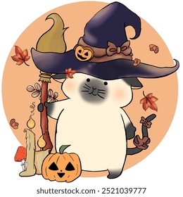 Illustration of a cat in the form of a witch during Halloween in autumn.