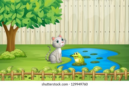 Illustration of a cat and a frog inside the fence