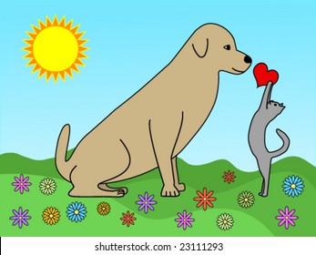 Illustration of a cat giving a red heart to a dog on a bright spring day: love between cats and dogs is possible!