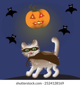 Ilustración del gato con ojos verdes en una capa y máscara contra una calabaza en lugar de una luna en el cielo oscuro, y murciélagos, vacaciones de halloween