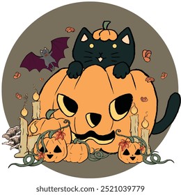 Illustration of a cat in a Halloween pumpkin and a bat cat on a fall festival night.