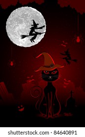 illustration of cat with halloween pumpkin in scary dark night