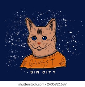 Illustration cat hand drawn with sin city slogan and gangsta vector 