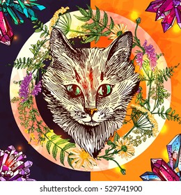 Illustration with cat. Hand drawn vector background with wildflowers and crystal. Boho style drawing. Us for print for t-shirt; smart phone; poster; web.
