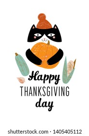 an illustration of a cat in a hat with a pompon which holds in its paws a large orange pumpkin and next to it is a green squash and an ear of corn. text Happy Thanksgiving day