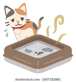 Illustration of a cat having trouble because the toilet is dirty, simple vector illustration