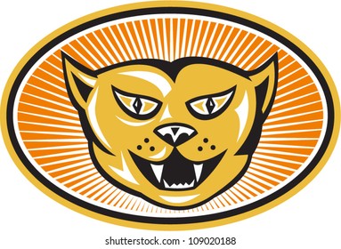 Illustration of  cat head facing front set inside ellipse with sunburst in background done in retro style.