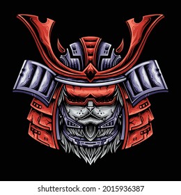 illustration cat head wearing a japanese samurai helmet