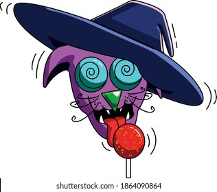 illustration of cat head wearing witch hat licking candy
