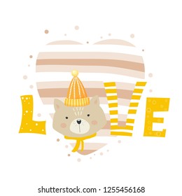 illustration with a cat, a heart and an inscription love