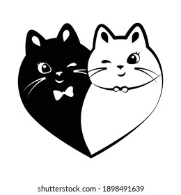 Illustration of cat hearts. Cartoon cute Valentines day couple cats. Symbol love. Veterinary logo. Design element for valentine card. Tattoo. Pet lover.