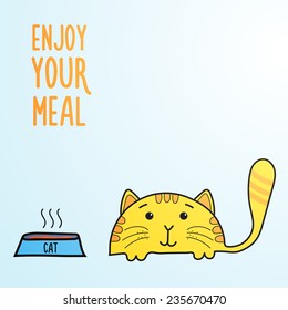 Illustration with a cat and his food. Wishing enjoy your meal.