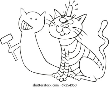 illustration of cat and his malicious shadow for coloring book