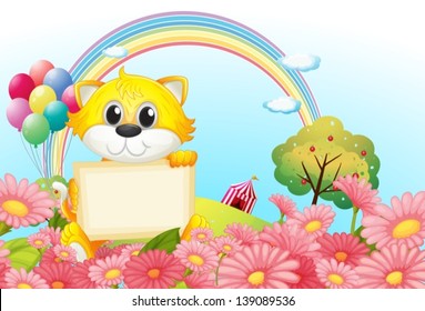 Illustration einer Katze, die ein leeres Brett im Garten auf weißem Hintergrund hält
