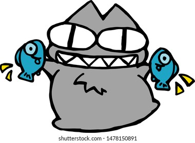 Illustration of a cat holding a fish (gray cat). vector illustration. Isolated on white background.
