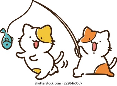 An illustration of a cat holding a fishing rod with a fish attached to it, which can be used in scenes where rewards are flickered to encourage effort, and a cat chasing after the fish.
