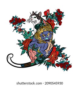 illustration of a cat in the Japanese style, with a pattern of flowers. Illustration for printing on fabric, t-shirt, wallpaper. -VECTOR