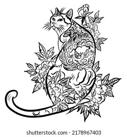 illustration of a cat in the Japanese style, with a pattern of flowers. Illustration for printing on fabric, t-shirt, wallpaper. -VECTOR