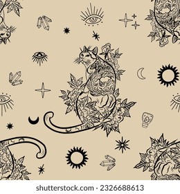 illustration of a cat in the Japanese style, with a pattern of flowers. Illustration for printing on fabric, t-shirt, wallpaper. -VECTOR