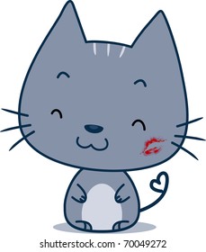 Illustration of a Cat with a Kiss Mark on Its Cheek