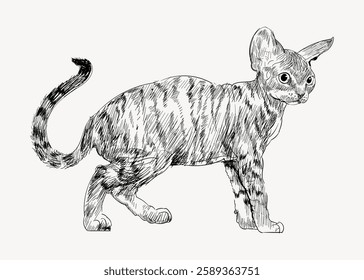 Illustration of a cat with large ears and a striped pattern. The cat's detailed sketch highlights its unique ears and stripes. Artistic cat drawing with emphasis on ears. Vintage animal vector.