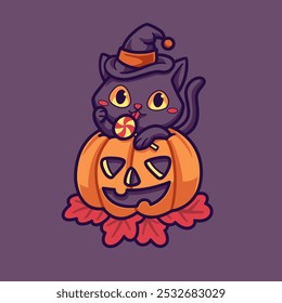 Ilustración de un patrón de gato, un gato en una calabaza comiendo dulces mientras lleva un sombrero de bruja que representa la atmósfera de Halloween. Bueno para pegatinas.