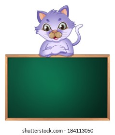 Illustration of a cat leaning above the empty blackboard on a white background