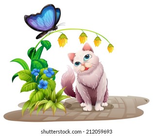 Illustration of a cat looking at butterfly